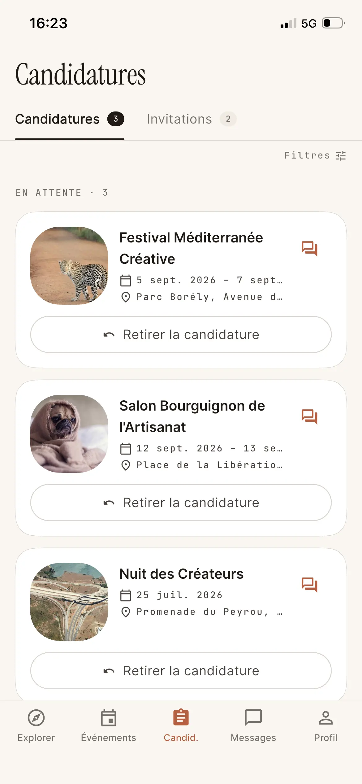 Écran de suivi des candidatures d'un artisan