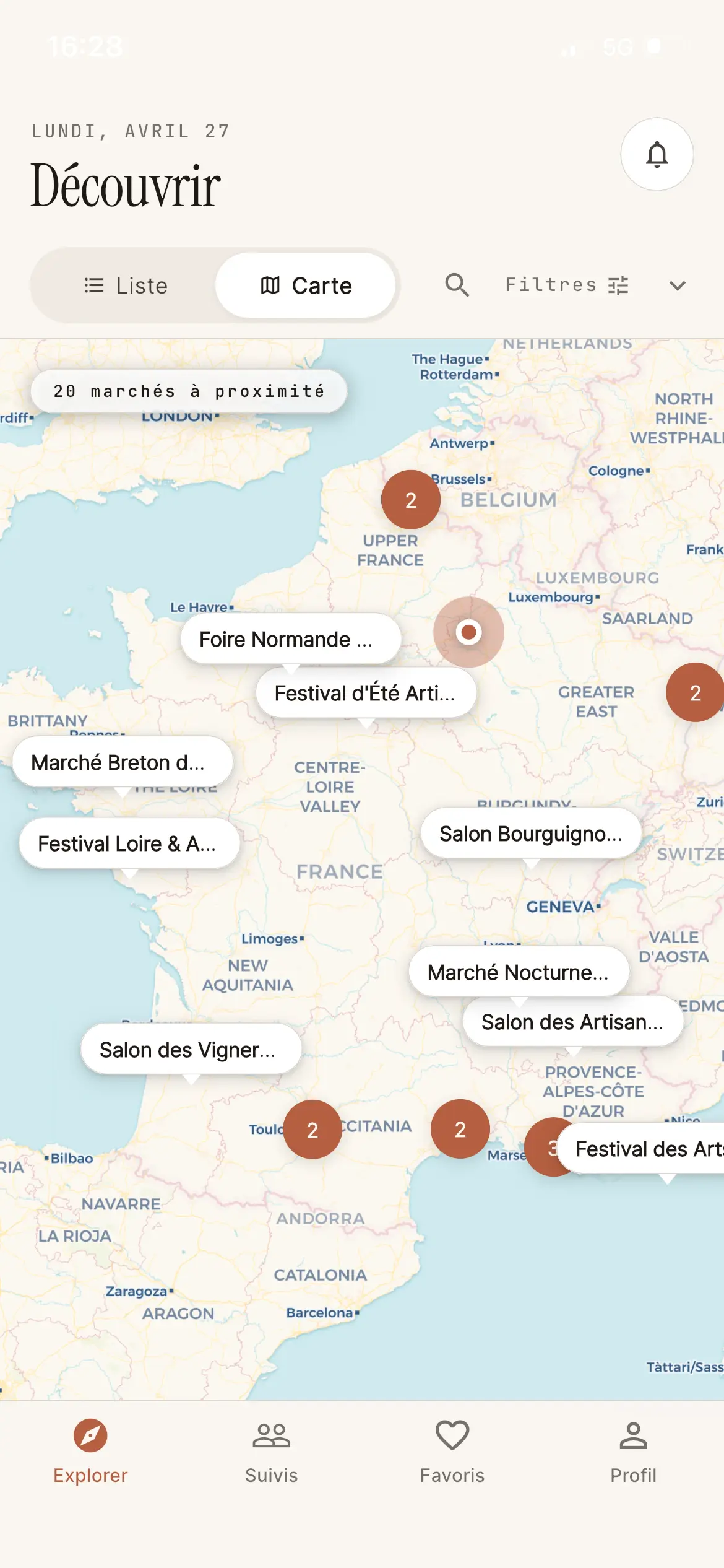 Écran Découvrir : carte des marchés artisanaux en France
